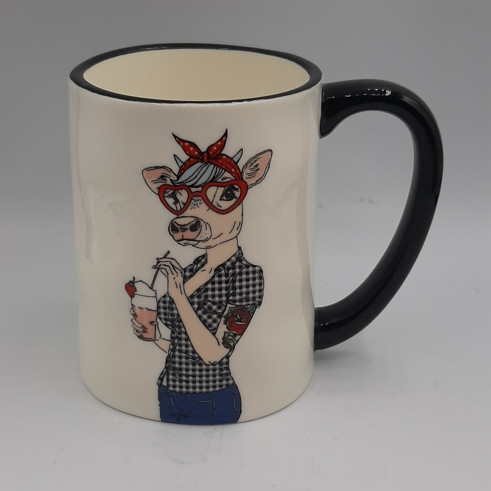 Signature Housewares Hipster Animal Coffee Mug Boho Girl Cow with Tatoo Like NEW